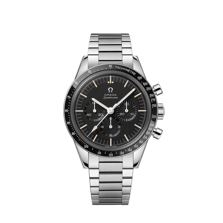 Omega horloge met een kast in staal, met een wijzerplaat in het zwart en een diameter van 39,7