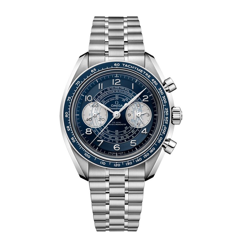Omega horloge met een kast in staal, met een wijzerplaat in het blauw en een diameter van 43