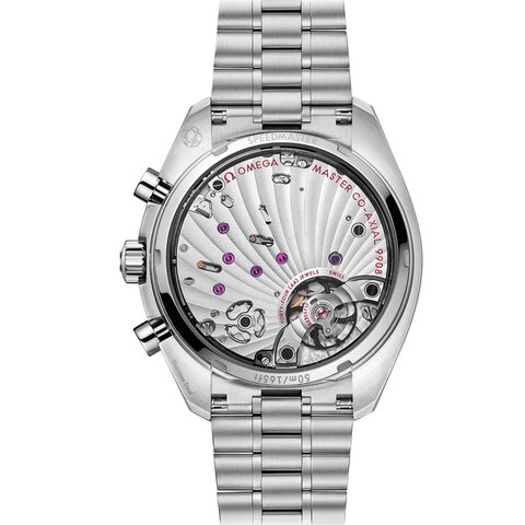 Omega horloge met een kast in staal, met een wijzerplaat in het blauw en een diameter van 43 mm