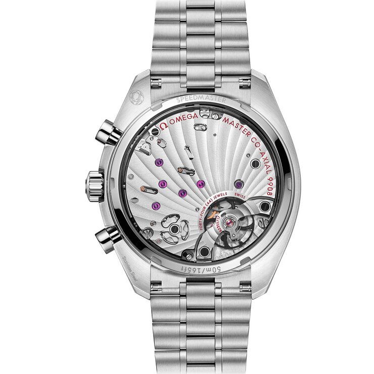 Omega horloge met een kast in staal, met een wijzerplaat in het blauw en een diameter van 43
