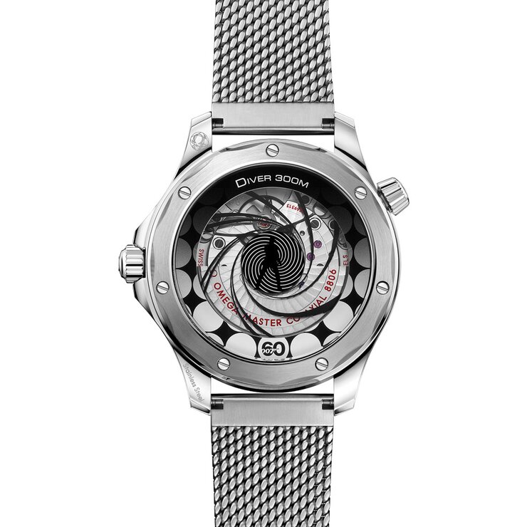 Omega horloge met een kast in staal, met een wijzerplaat in het blauw en een diameter van 42 mm