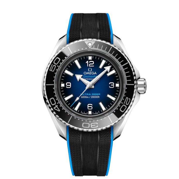 Omega horloge met een kast in staal, met een wijzerplaat in het blauw en een diameter van 45,5