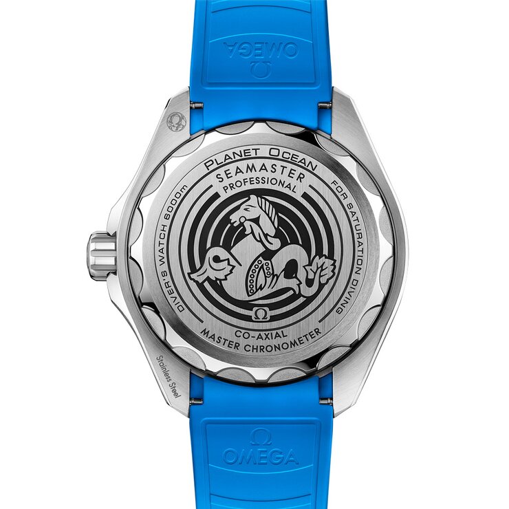 Omega horloge met een kast in staal, met een wijzerplaat in het blauw en een diameter van 45,5