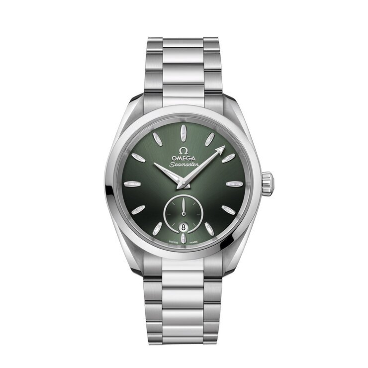 Omega horloge met een kast in staal, met een wijzerplaat in het groen en een diameter van 38