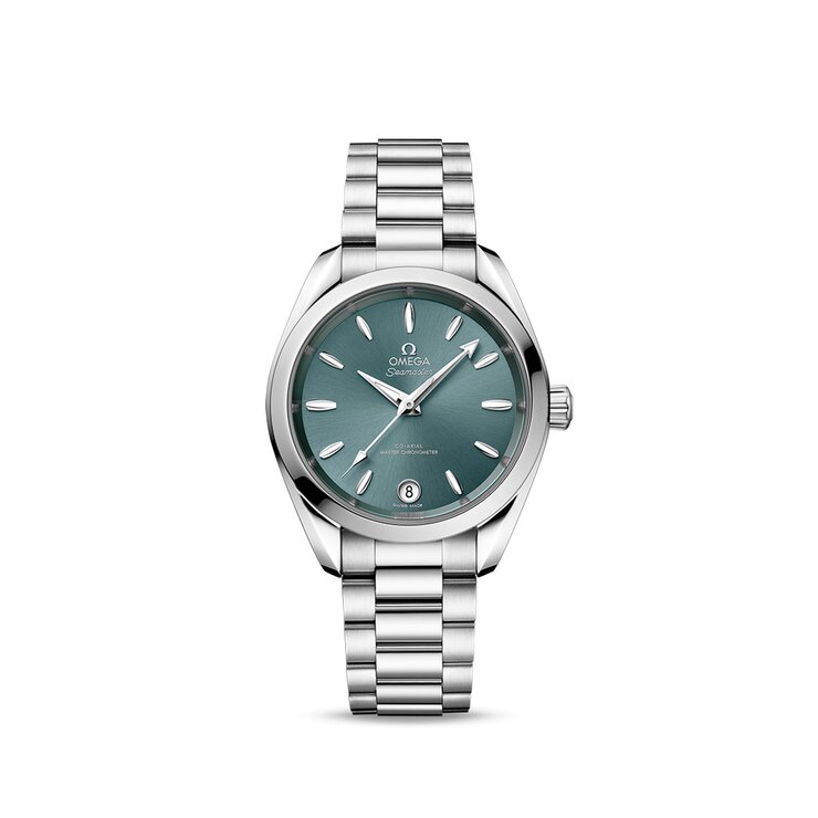 Omega horloge met een kast in staal, met een wijzerplaat in het groen en een diameter van 34