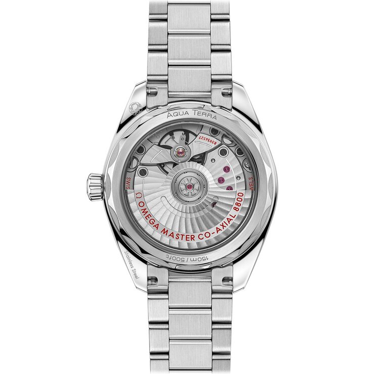 Omega horloge met een kast in staal, met een wijzerplaat in het blauw en een diameter van 34