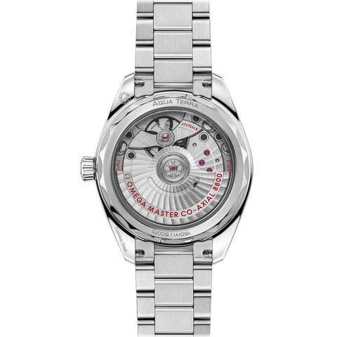 Omega horloge met een kast in staal, met een wijzerplaat in het paars en een diameter van 34 mm