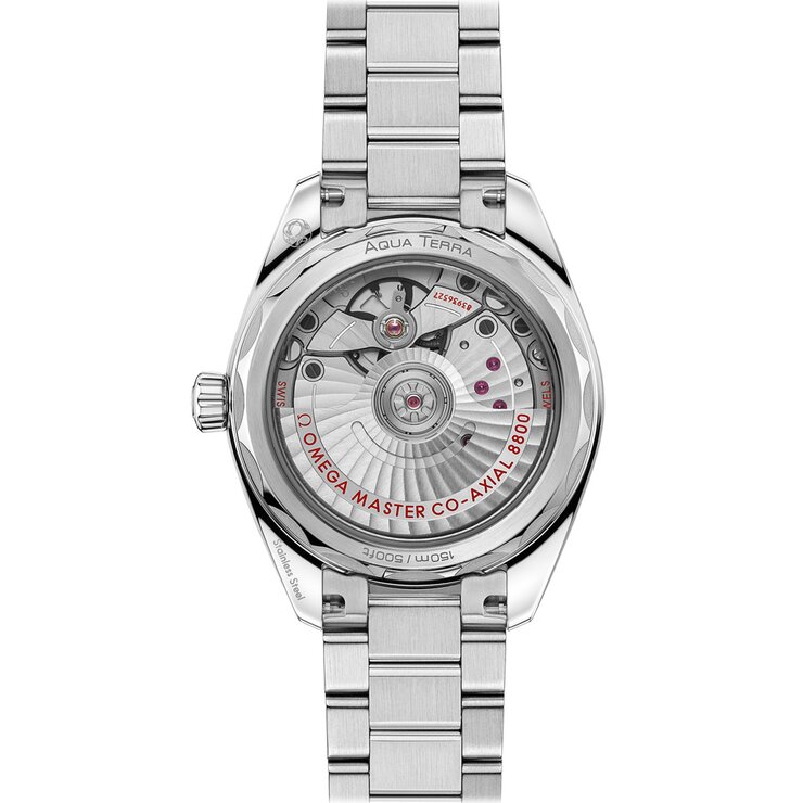 Omega horloge met een kast in staal, met een wijzerplaat in het paars en een diameter van 34 mm