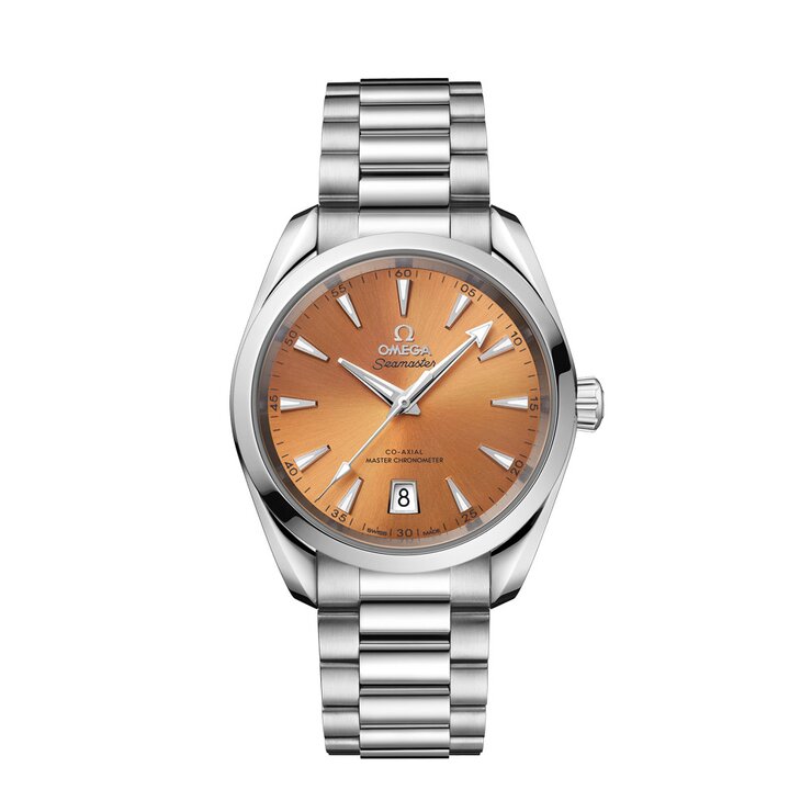 Omega horloge met een kast in staal, met een wijzerplaat in het oranje en een diameter van 38 mm