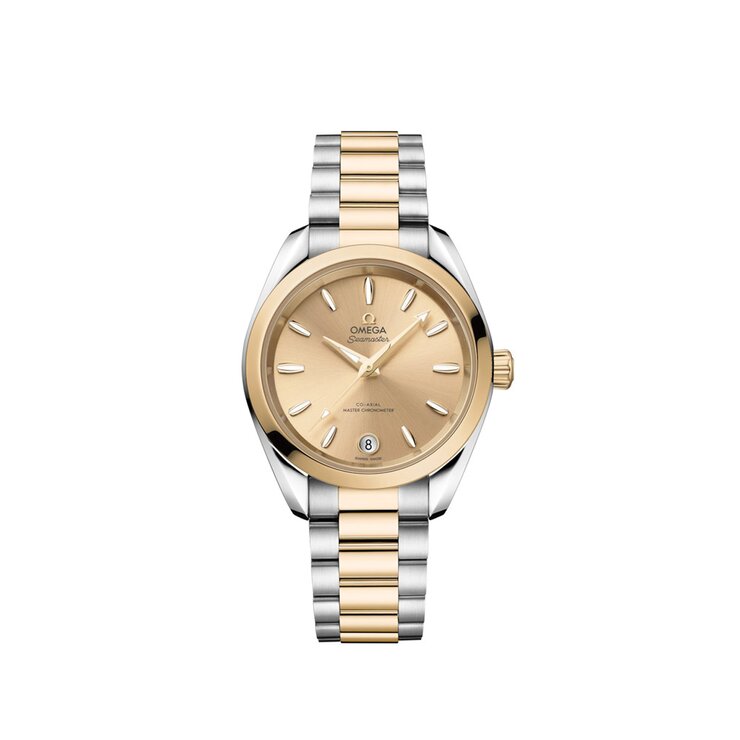 Omega horloge met een kast in geel goud op staal, met een wijzerplaat in het geel en een diameter van 34