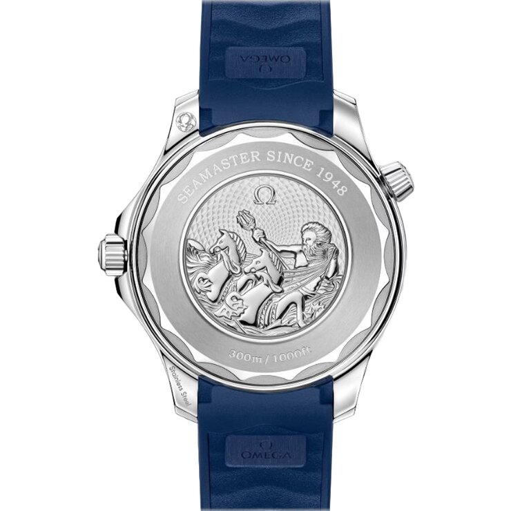 Omega horloge met een kast in staal, met een wijzerplaat in het blauw en een diameter van 42 mm