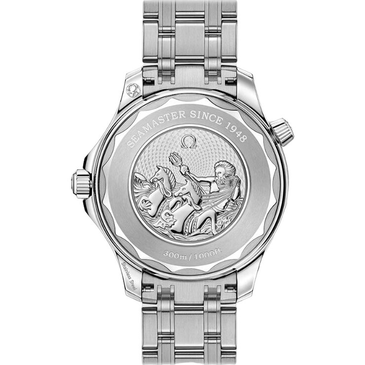 Omega horloge met een kast in staal, met een wijzerplaat in het blauw en een diameter van 42