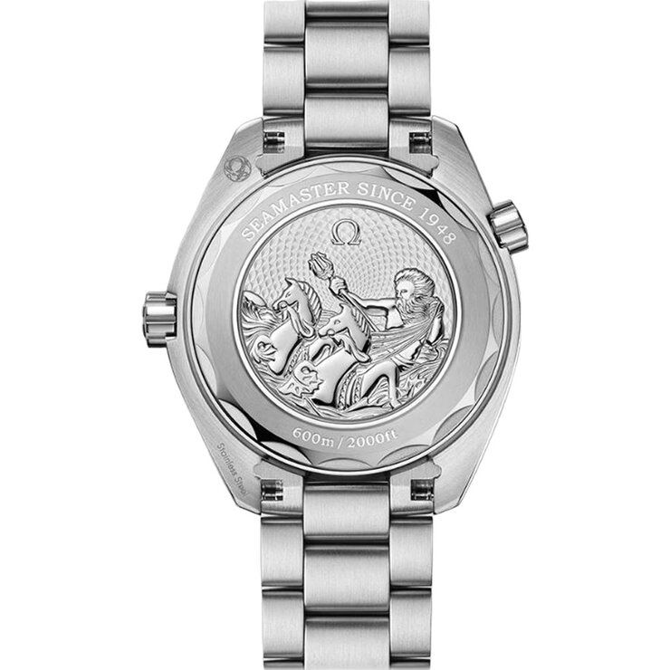 Omega horloge met een kast in staal, met een wijzerplaat in het blauw en een diameter van 39.5 mm