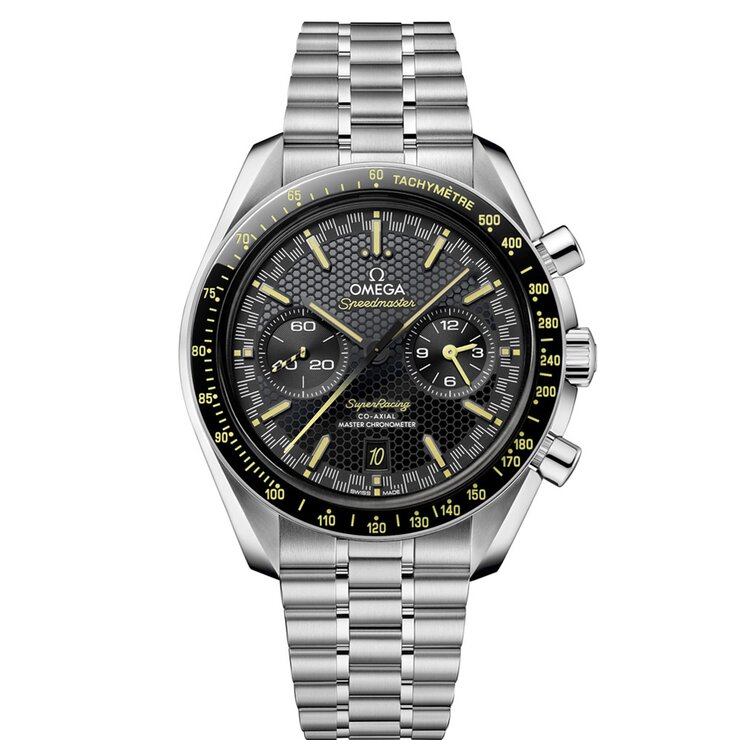 Omega horloge met een kast in staal, met een wijzerplaat in het zwart en een diameter van 44,25