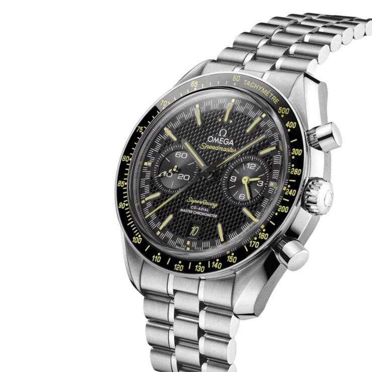 Omega horloge met een kast in staal, met een wijzerplaat in het zwart en een diameter van 44,25