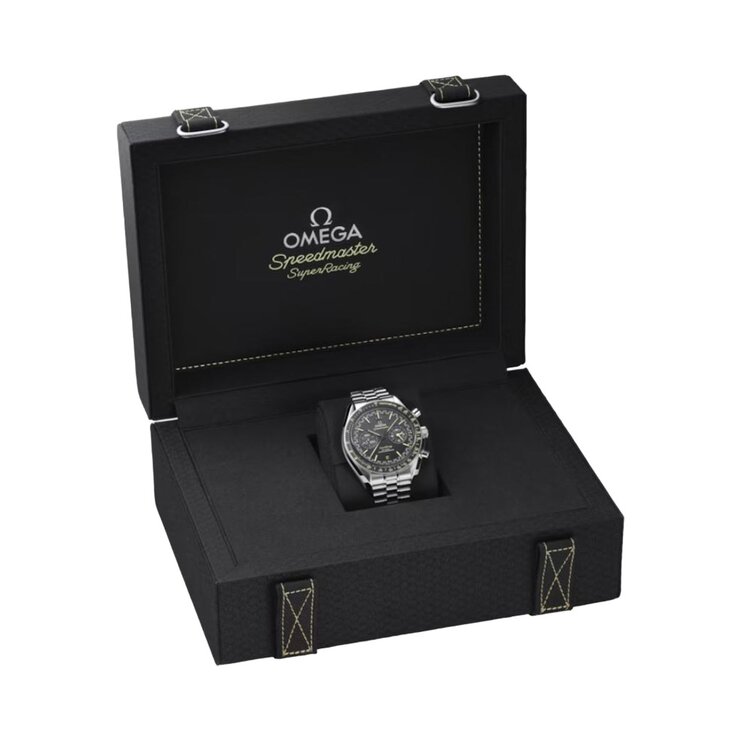 Omega horloge met een kast in staal, met een wijzerplaat in het zwart en een diameter van 44,25