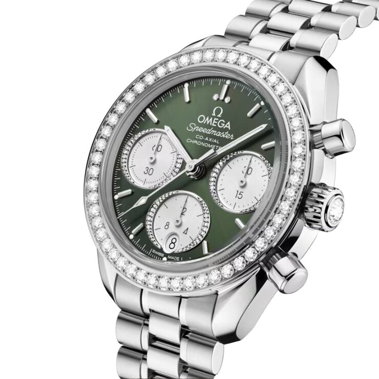 Omega horloge met een kast in staal, met een wijzerplaat in het groen met briljant en een diameter van 38