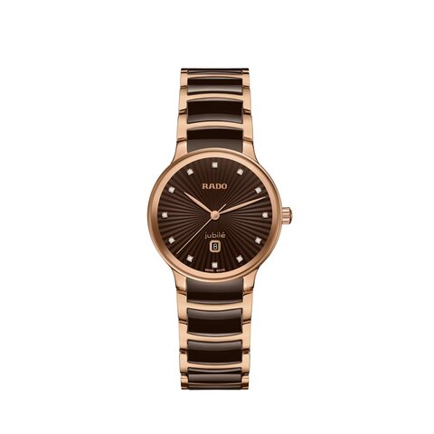 Rado horloge met een kast in rosé pvd-coating, met een wijzerplaat in het bruin met briljant en een diameter van 30.5 mm