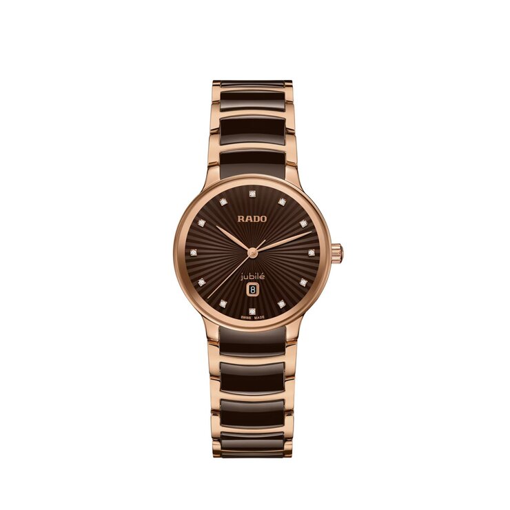 Rado horloge met een kast in rosé pvd-coating, met een wijzerplaat in het bruin met briljant en een diameter van 30.5 mm