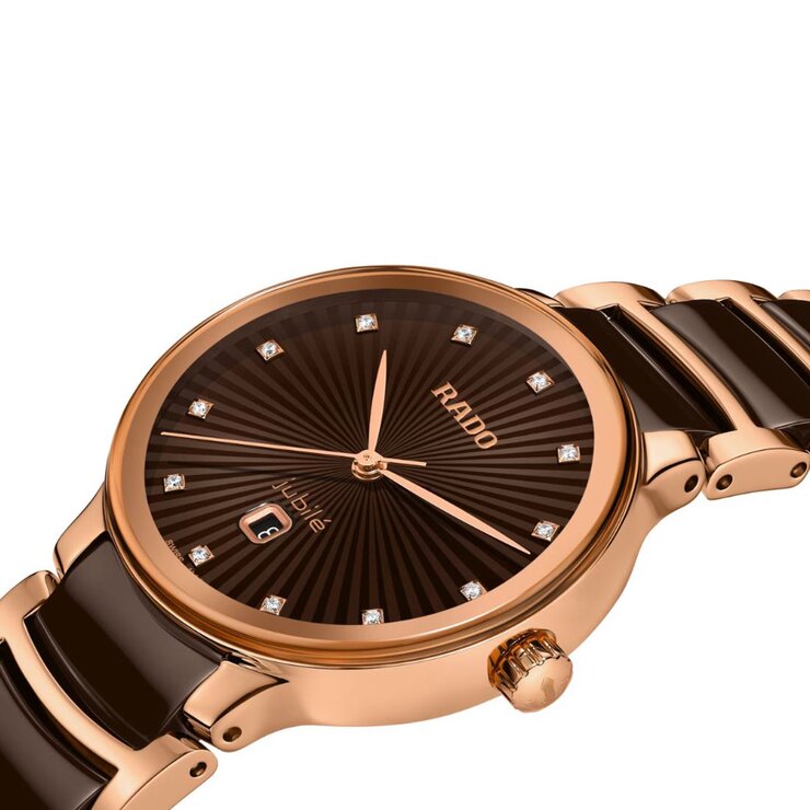 Rado horloge met een kast in rosé pvd-coating, met een wijzerplaat in het bruin met briljant en een diameter van 30.5 mm
