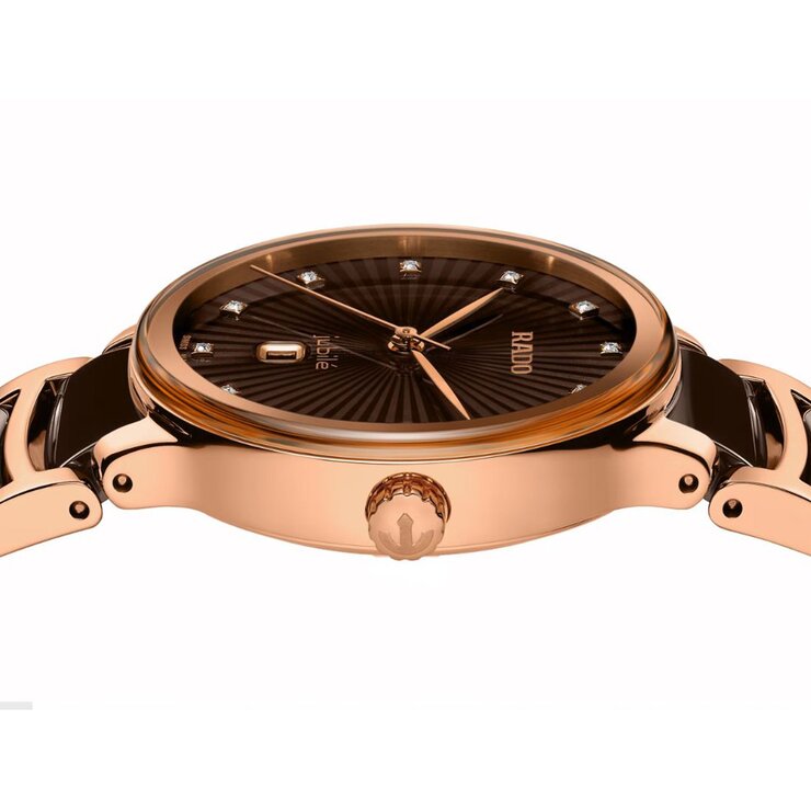 Rado horloge met een kast in rosé pvd-coating, met een wijzerplaat in het bruin met briljant en een diameter van 30.5 mm