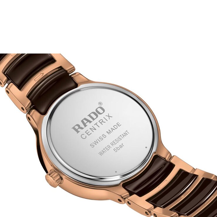 Rado horloge met een kast in rosé pvd-coating, met een wijzerplaat in het bruin met briljant en een diameter van 30.5 mm