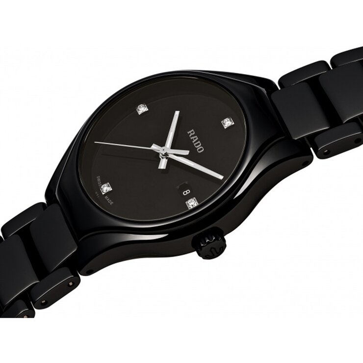 Rado horloge met een kast in keramiek, met een wijzerplaat in het zwart met briljant en een diameter van 30