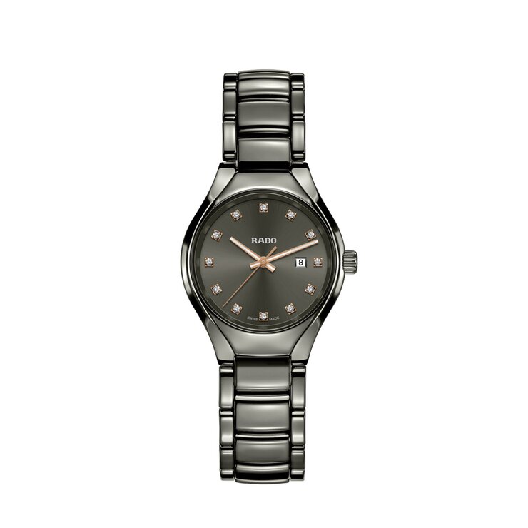 Rado horloge met een kast in keramiek, met een wijzerplaat in het grijs met briljant en een diameter van 30