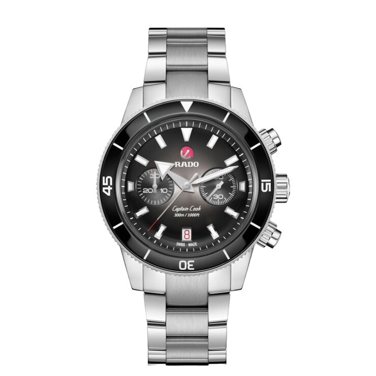 Rado horloge met een kast in staal, met een wijzerplaat in het zwart en een diameter van 43 mm