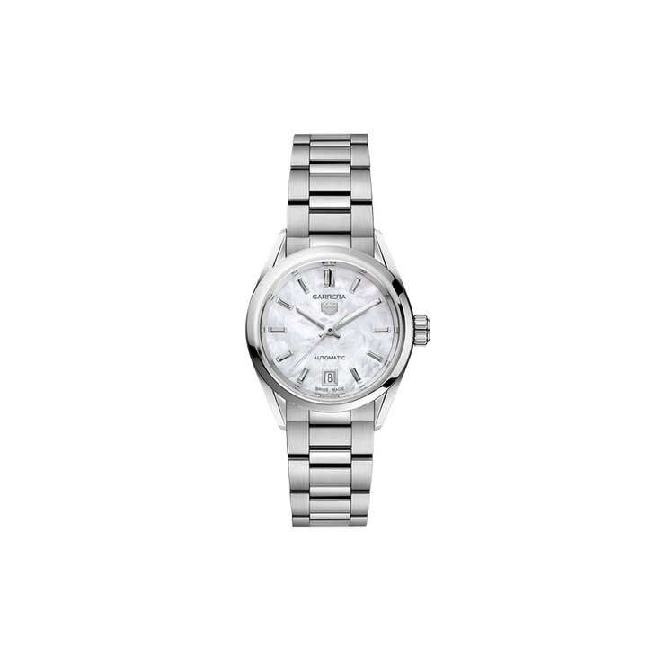 montre TAG Heuer avec un boîtier en acier, un cadran nacre et un diamètre de 29 mm