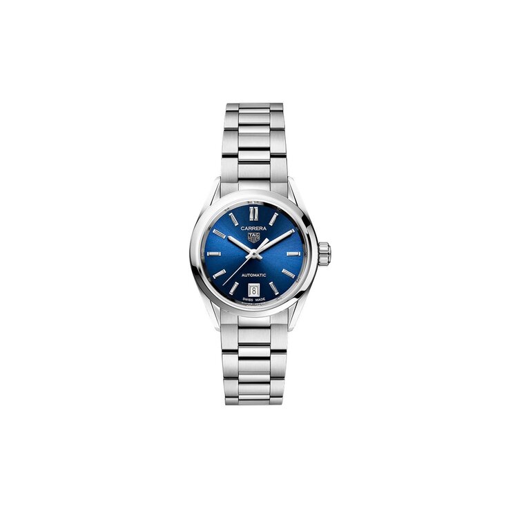 TAG Heuer horloge met een kast in staal, met een wijzerplaat in het blauw en een diameter van 29