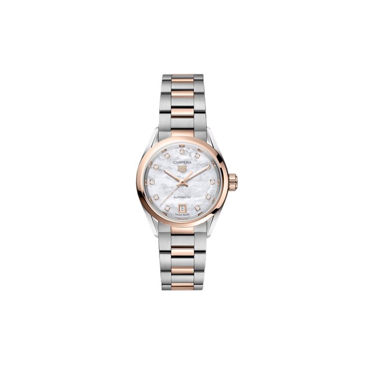 montre TAG Heuer avec un boîtier en or rose sur acier, un cadran nacre avec brillant et un diamètre de 29