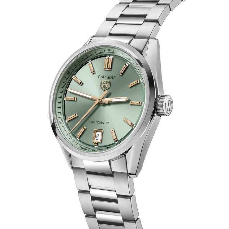 TAG Heuer horloge met een kast in staal, met een wijzerplaat in het groen en een diameter van 36