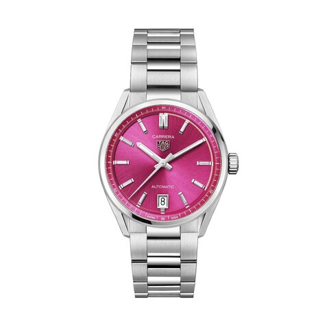 montre TAG Heuer avec un boîtier en acier, un cadran rose et un diamètre de 36 mm