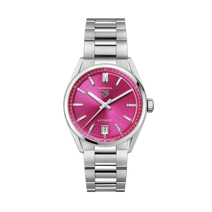 TAG Heuer horloge met een kast in staal, met een wijzerplaat in het roze en een diameter van 36