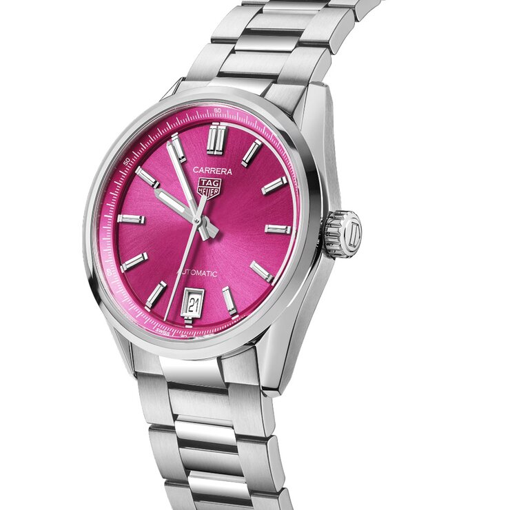 TAG Heuer horloge met een kast in staal, met een wijzerplaat in het roze en een diameter van 36