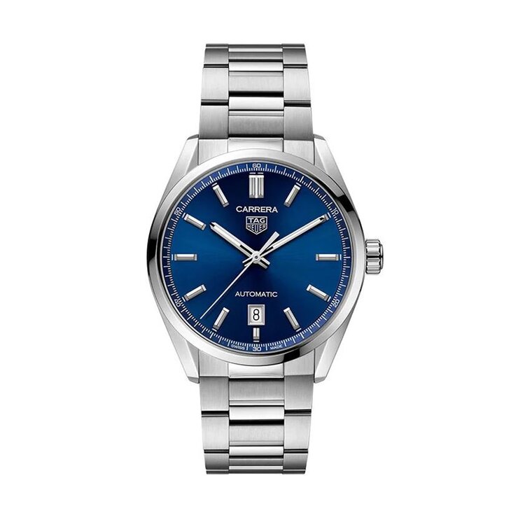 montre TAG Heuer avec un boîtier en acier, un cadran bleu et un diamètre de 39
