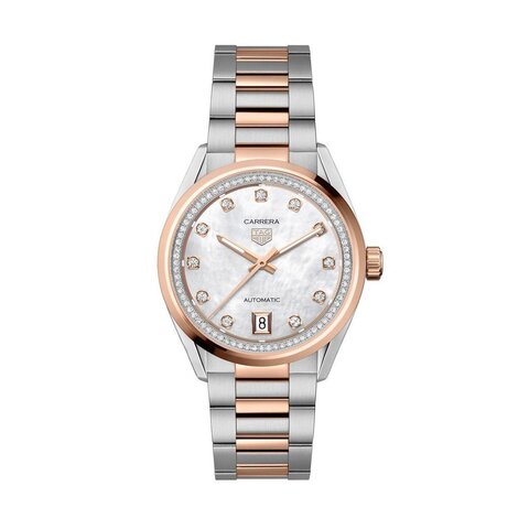 TAG Heuer horloge met een kast in staal, met een wijzerplaat in het parelmoer met  briljant en een diameter van 36 mm