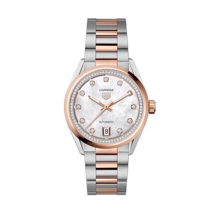 montre TAG Heuer avec un boîtier en acier, un cadran nacre avec brillant et un diamètre de 36 mm