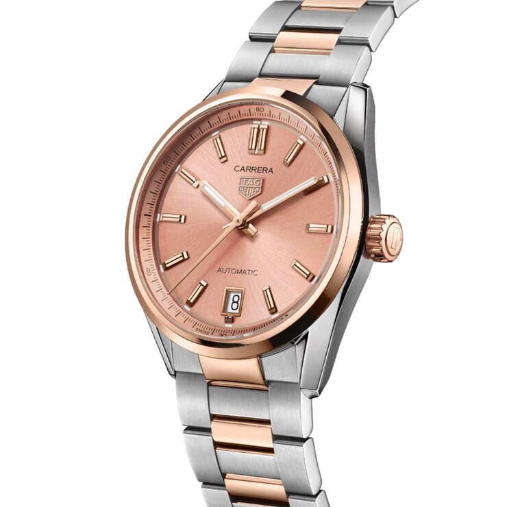 TAG Heuer horloge met een kast in staal, met een wijzerplaat in het roze en een diameter van 36 mm