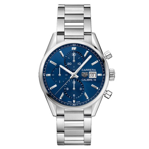 TAG Heuer horloge met een kast in staal, met een wijzerplaat in het blauw en een diameter van 41 mm