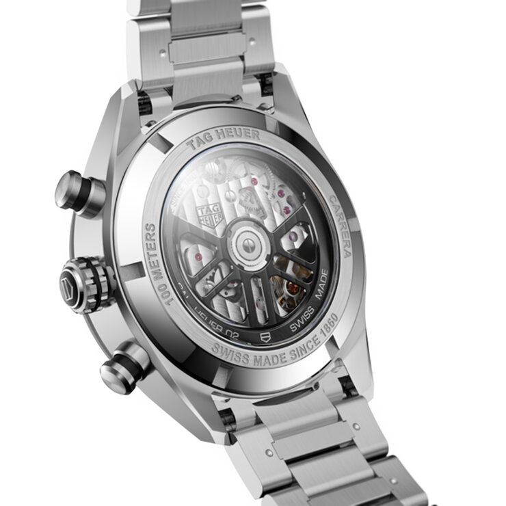 montre TAG Heuer avec un boîtier en acier, un cadran bleu et un diamètre de 44