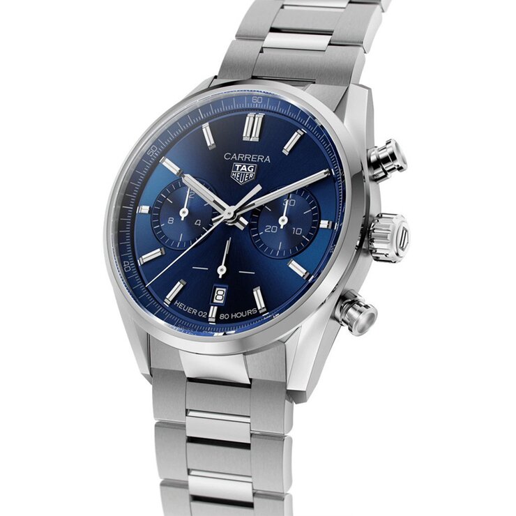 TAG Heuer horloge met een kast in staal, met een wijzerplaat in het blauw en een diameter van 42