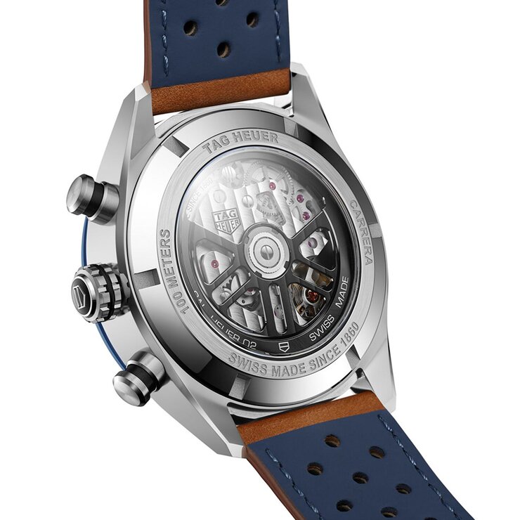 TAG Heuer horloge met een kast in staal, met een wijzerplaat in het blauw en een diameter van 44 mm