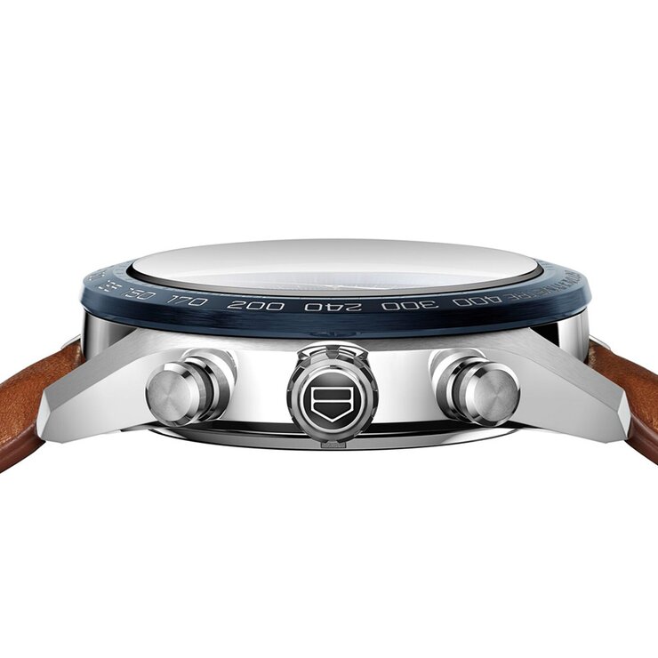 TAG Heuer horloge met een kast in staal, met een wijzerplaat in het blauw en een diameter van 44 mm