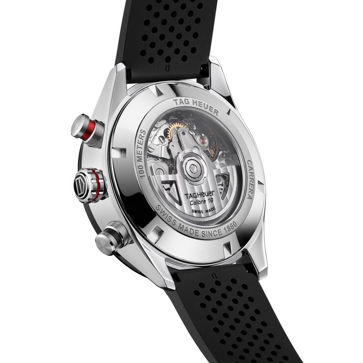 montre TAG Heuer avec un boîtier en acier, un cadran noir et un diamètre de 44