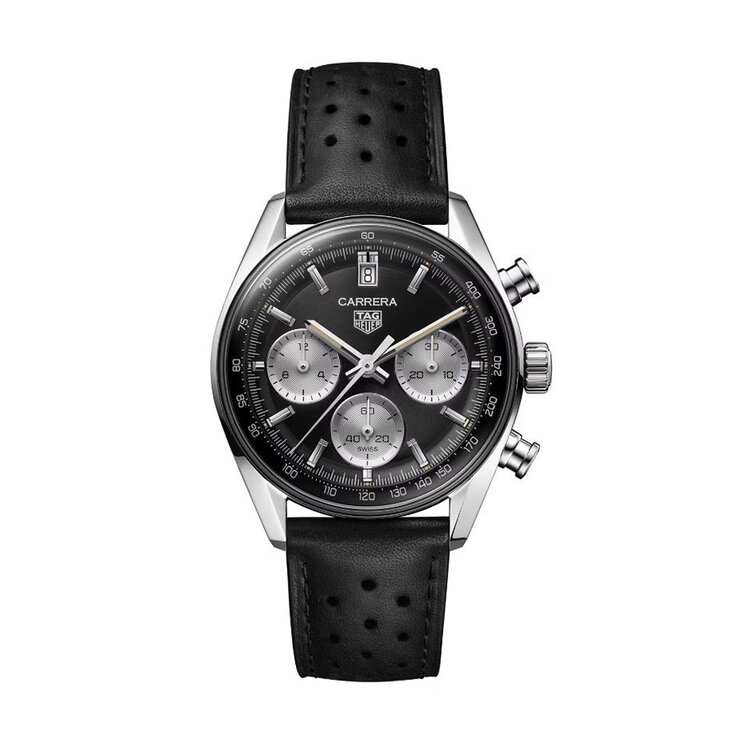 TAG Heuer horloge met een kast in staal, met een wijzerplaat in het zwart en een diameter van 39