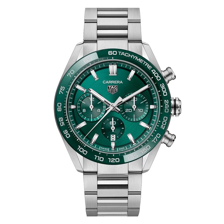 montre TAG Heuer avec un boîtier en acier, un cadran vert et un diamètre de 44 mm