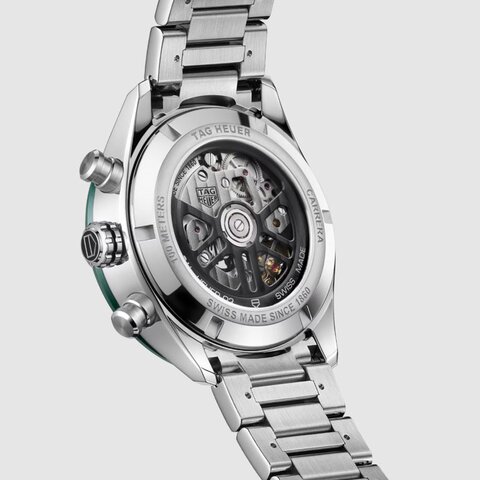 TAG Heuer horloge met een kast in staal, met een wijzerplaat in het groen en een diameter van 44 mm