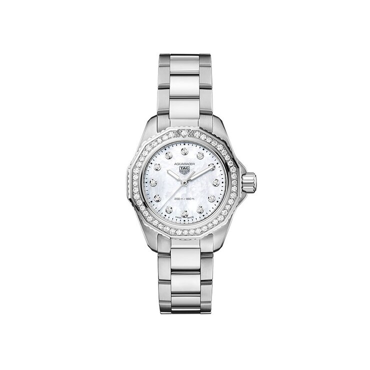 montre TAG Heuer avec un boîtier en acier, un cadran nacre avec brillant et un diamètre de 30 mm